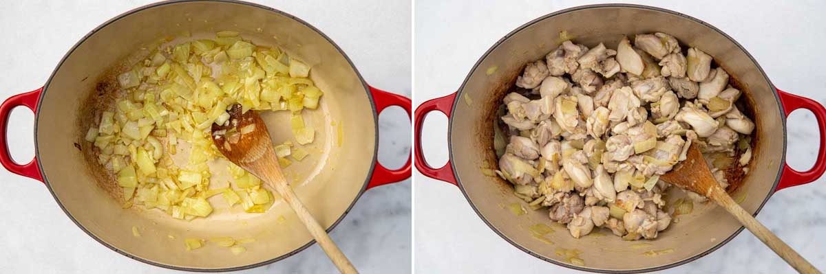 Collage of 2 images showing onions and garlic in a red cast iron pot and then with chicken thigh pieces added and with a wooden spoon.