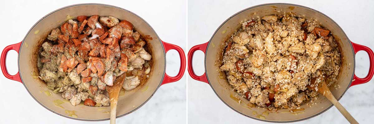 Collage of 2 images showing the onions and meat for a chicken chorizo risotto and then with the rice added in a red cast iron pot on a marble background.