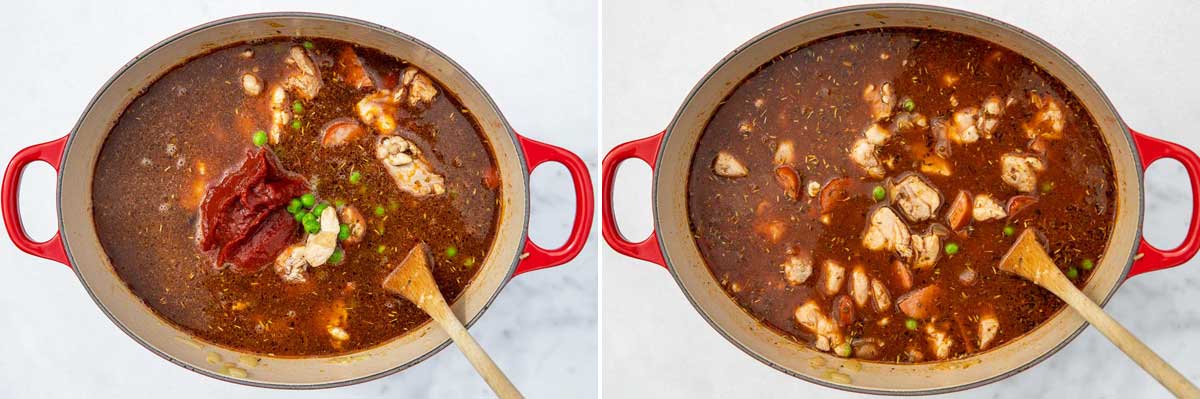 Collage of 2 images showing all the ingredients needed for a chicken chorizo risotto in a red cast iron pot with the tomato paste on top and then stirred into the pot.