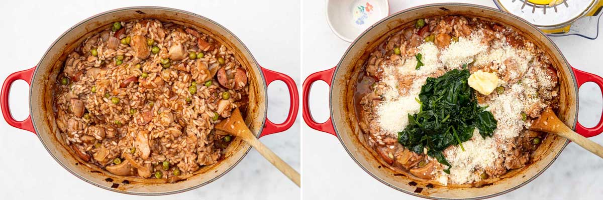 Collage of 2 images showing a red cast iron pot with chicken chorizo rice in it and then with parmesan, butter and spinach being added, with a wooden spoon in.