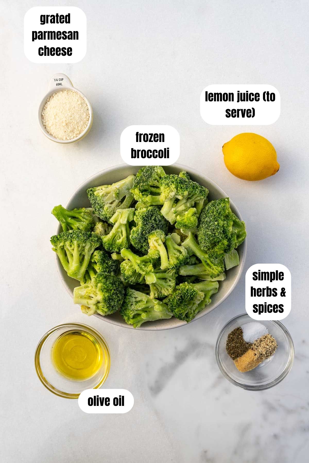 Collage of all ingredients needed to sautee broccoli including frozen broccoli florets, olive oil, simple herbs and spices, parmesan cheese and lemon juice.