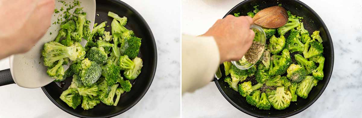 Collage of someone adding frozen broccoli to a pan and then adding mixed herbs and spices to the same pan.