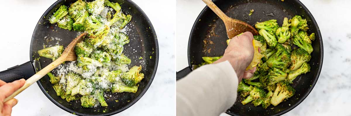 Collage of 2 images showing someone stirring a pan of sauteed broccoli with parmesan with a wooden spoon, and then the same image with someone squeezing lemon juice in.