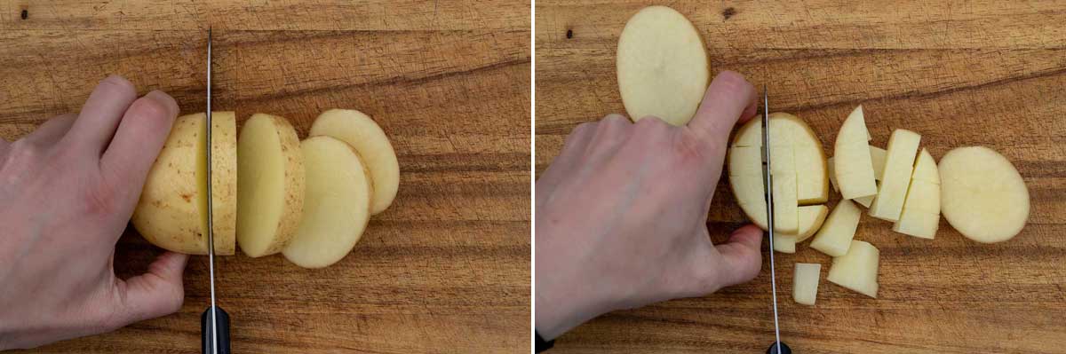 Collage of 2 images showing a hand slicing a potato into roughly 1 cm slices and then the person slicing the slices into cubes.