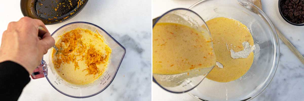 Collage of 2 images showing a person stirring orange zest into a jug of cake batter, and then pouring the batter into a bowl of flour, all on a marble background.