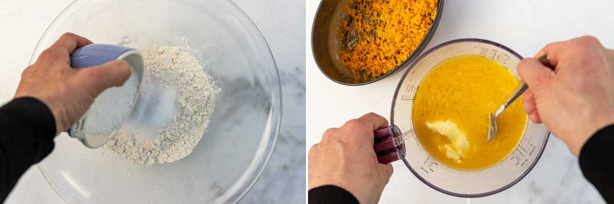 Collage of 2 images showing overhead of someone adding sugar to a bowl of flour, then stirring ricotta cheese into other wet ingredients for a cake, with a bowl of orange zest at the side.