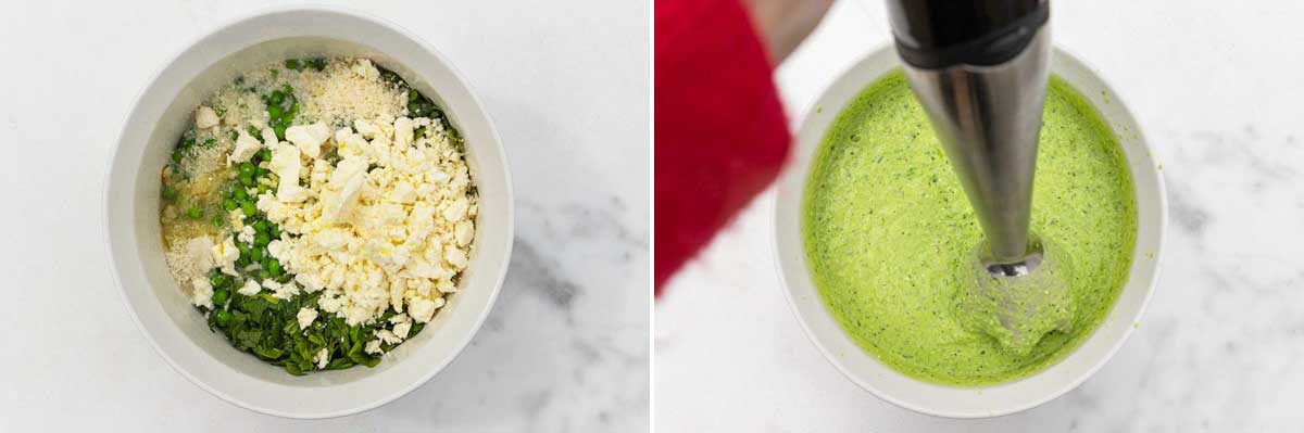 Collage of two images showing all the ingredients for a pea pasta sauce in a white bowl on a marble background, and then with someone's arm pureeing it all with a handheld blender.