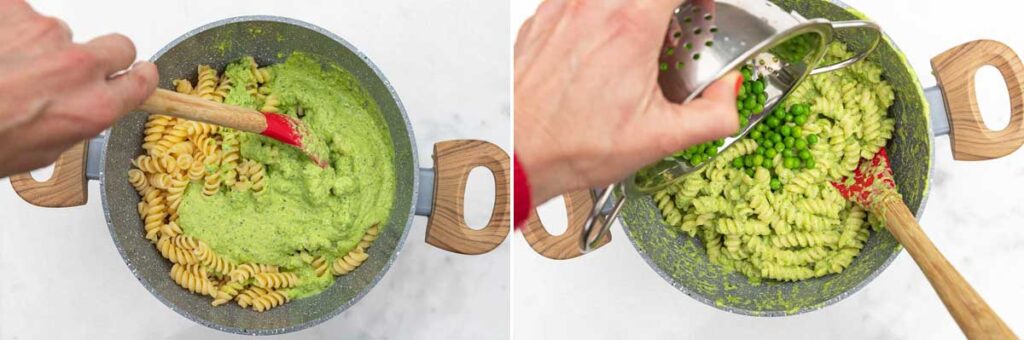 Collage of two images showing a hand stirring frozen pureed pea sauce into cooked fusilli pasta, and then adding in some whole peas from a metal colander.