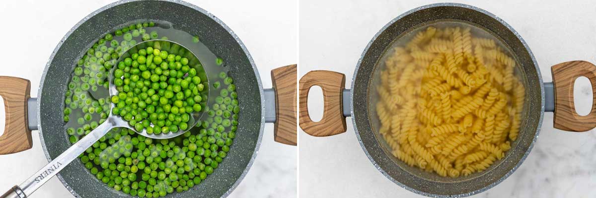 Collage of two images showing overhead of a slotted spoon scooping frozen peas out of boiling water in a saucepan, and then the same saucepan with fusilli pasta cooking in it.