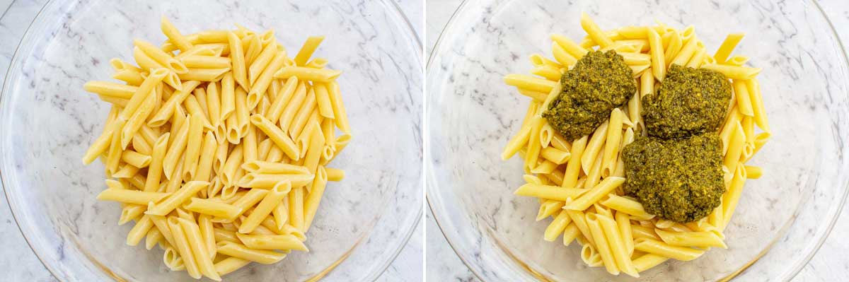 Collage of two images showing a bowl of cooked penne pasta and the same bowl of pasta with some homemade pesto added on top waiting to be stirred in, all on a marble background.