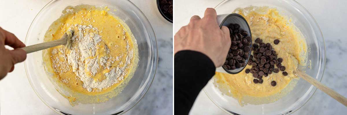 A collage of 2 images overhead showing a person stirring flour into cake batter with a wooden spoon, and then adding chocolate chips.