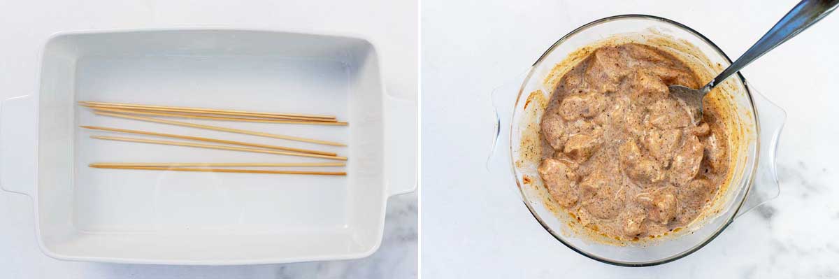 Collage of 2 images showing overheads of wooden skewers in a white baking dish with wooden skewers on a marble background and then a clear bowl with marinated chicken cubes in it.