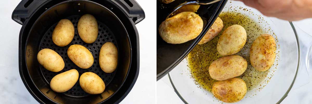 Collage of 2 images showing small potatoes in an air fryer and then part cooked and being emptied into a bowl of marinade.