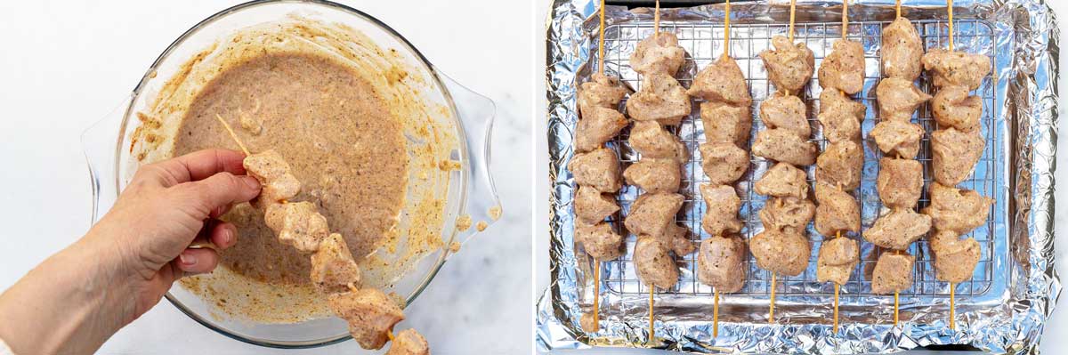 A collage of two images showing someone threading marinated chicken onto skewers over a bowl of the marinade, and then seven skewers lined up on a foil lined baking pan.