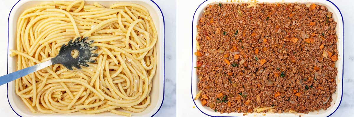 Collage of overhead images of Greek pastitsio pasta in a large baking dish on marble background with a spoon flattening it, and then with Greek ragu sauce spread all over the top.