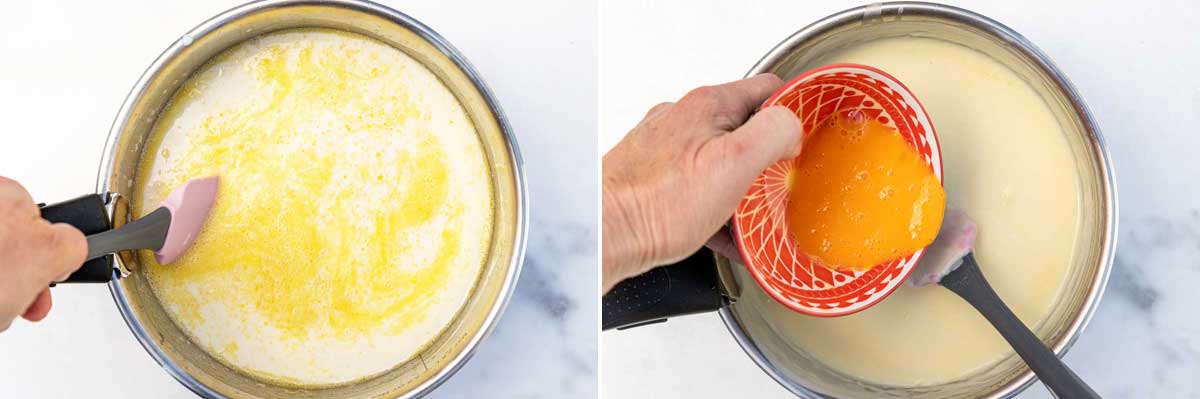 Collage of 2 images showing someone's hand stirring a saucepan of Greek bechamel sauce with a spatula and then adding egg yolks to it.