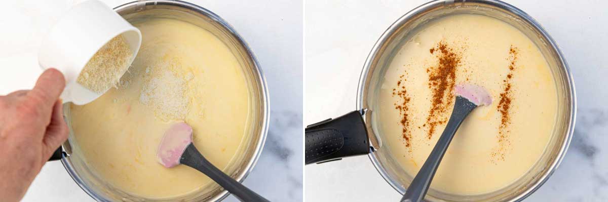 Collage of 2 images showing someone's hand adding grated cheese to a saucepan of Greek bechamel sauce and then with nutmeg being added and ready to stir in with a pink spatula.