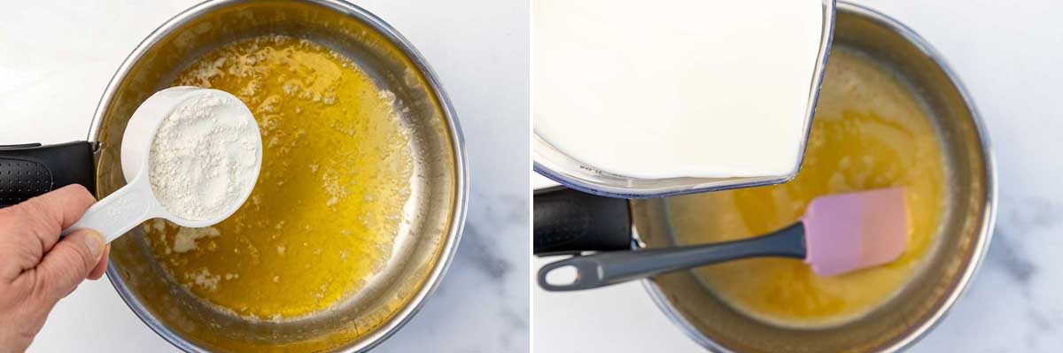 Collage of 2 images showing someone's hand adding flour to a saucepan of melted butter and then with milk being added and ready to stir in with a pink spatula.