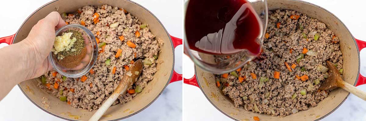 Collage of 2 overhead images showing someone adding garlic and herbs and spices to a Greek ragu sauce for pastitsio in a red cast iron pan and then adding a mixture of red wine, tomato puree and beef bouillon cubes.