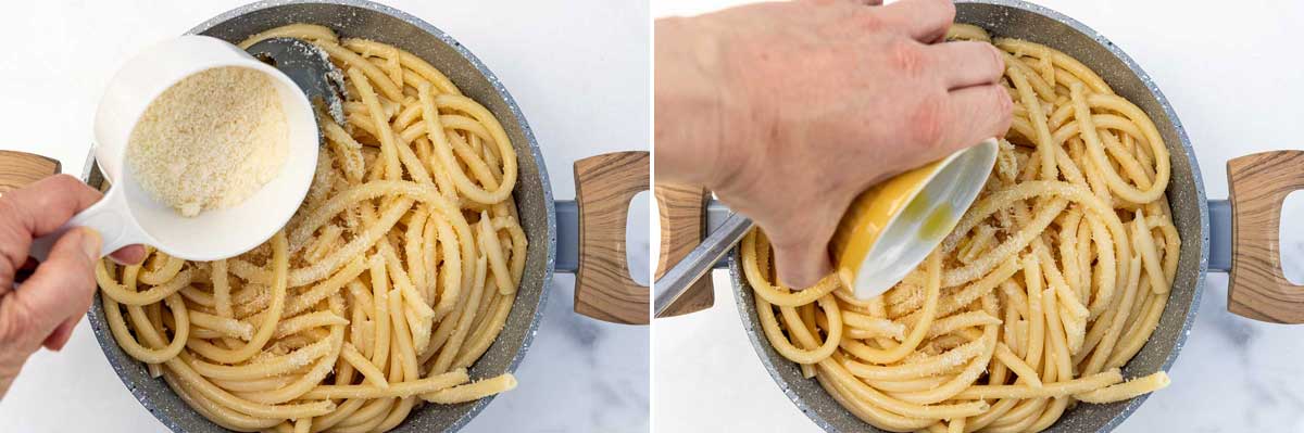 Collage of 2 overhead images showing pastitsio pasta cooked in a saucepan with someone adding grated hard cheese and then with someone adding egg whites and olive oil.