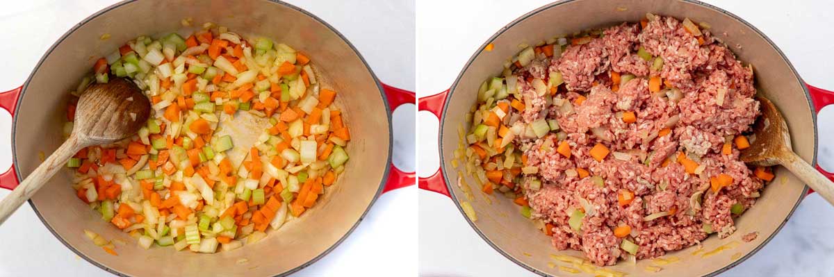 Collage of 2 overhead images showing diced carrots, onions and celery cooking in a red cast iron pan and then with ground beef added.
