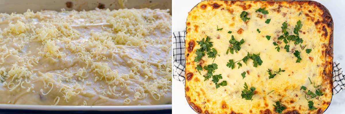 Collage of 2 images showing a closeup of a baking dish of pastitsio with bechamel sauce and cheese on top and then the dish overhead with the top of the baked pastitsio showing and with a black and white checked tea towel showing at the sides.