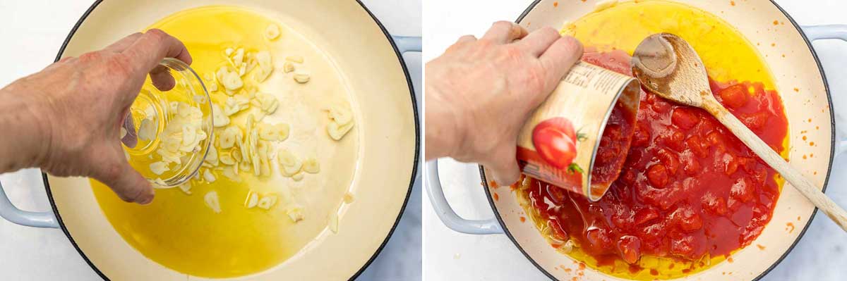 Collage of 2 images showing someone adding sliced garlic to olive oil in a pan and then adding canned tomatoes.