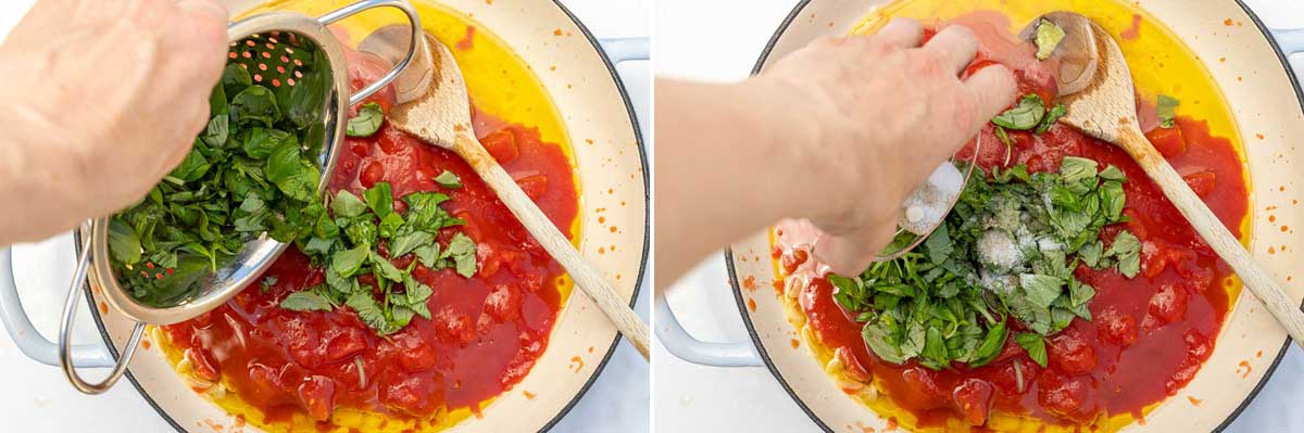 Collage of 2 images showing someone adding fresh basil to ingredients for marinara in a pan and then adding salt and pepper.