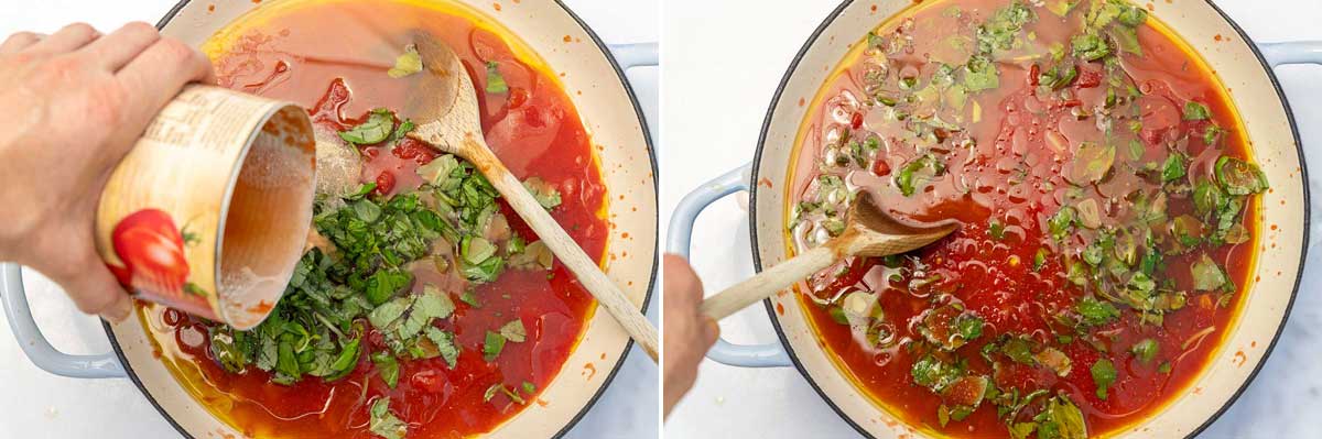 Collage of 2 images showing someone adding water to a pan and then stirring the sauce before it's cooked with a wooden spoon.