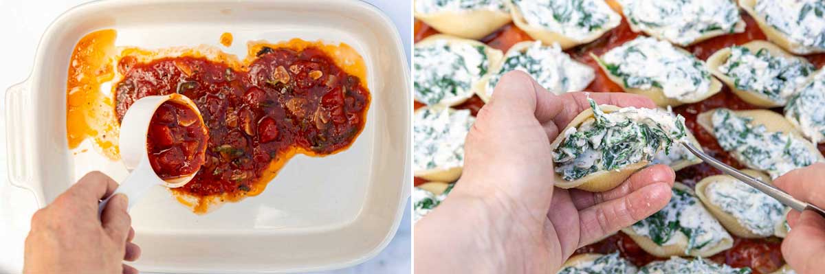 Collage of 2 images showing someone spreading marinara sauce over the bottom of a baking pan, and then stuffing giant shells with spinach ricotta mixture.