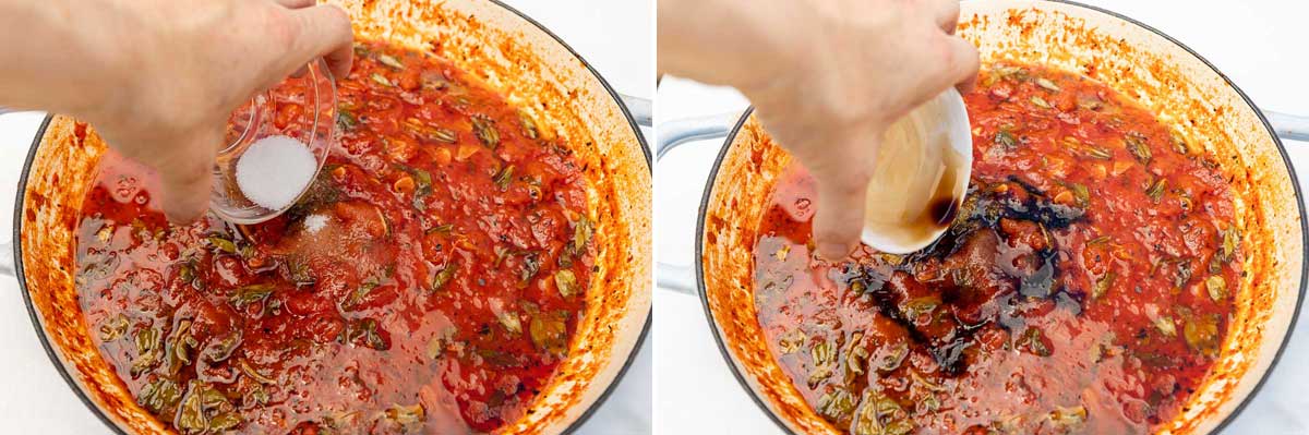 Collage of 2 images someone adding salt and pepper and balsamic vinegar to homemade marinara sauce.