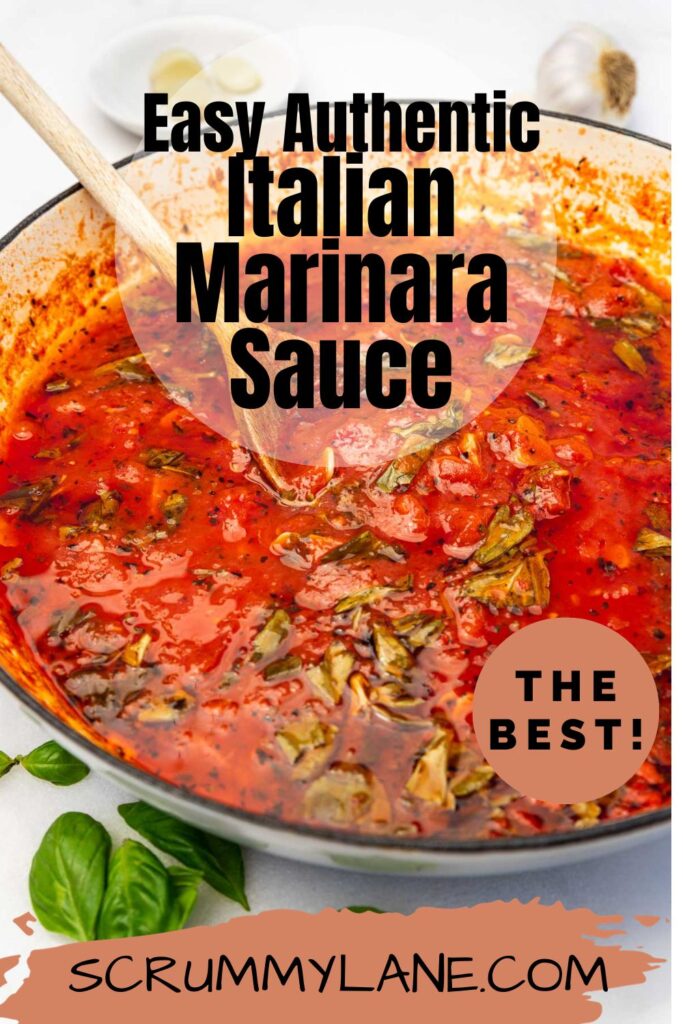 A blue cast iron pan of authentic Italian marinara sauce with a title on it for Pinterest.