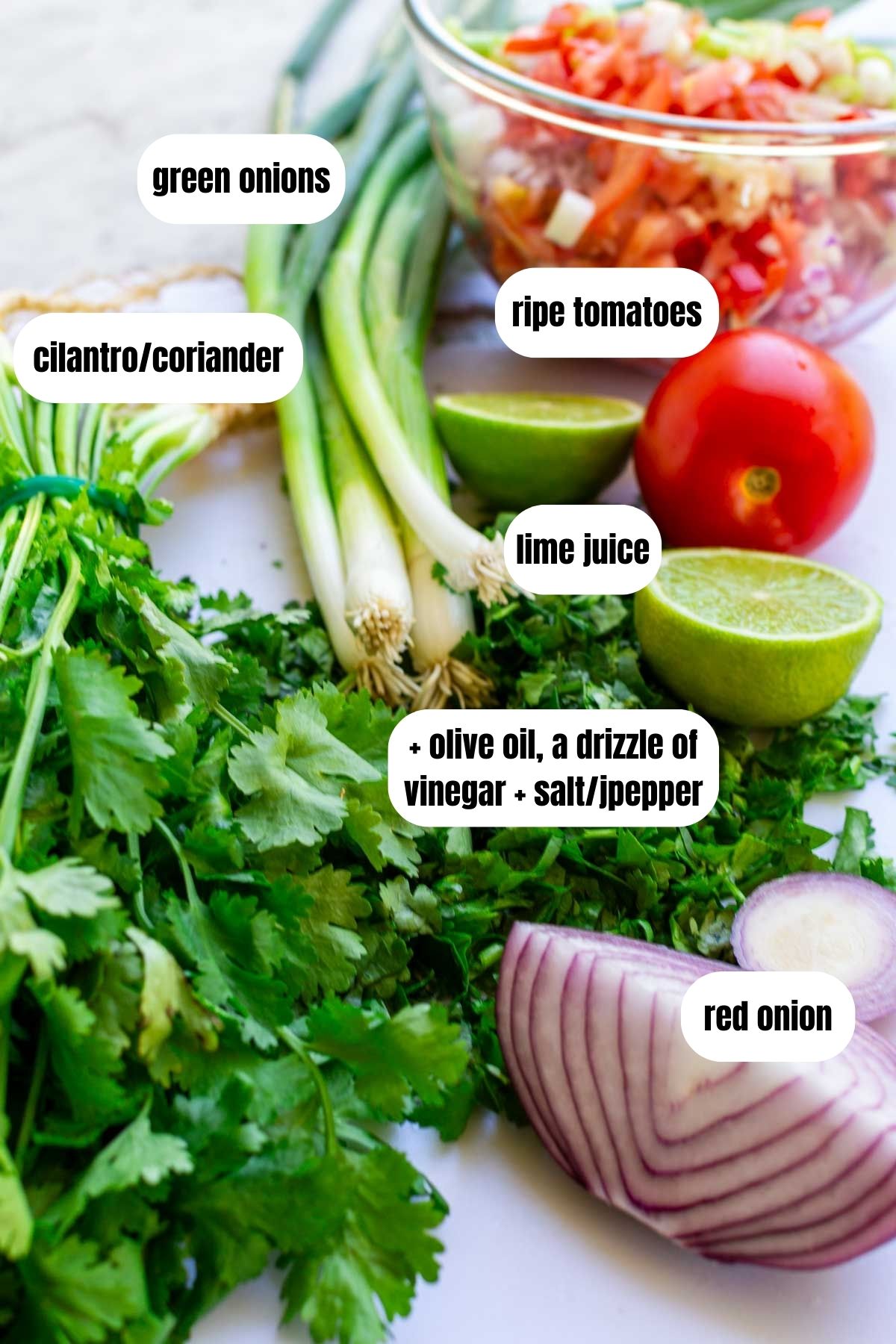 Collage of ingredients for fresh tomato salsa salad including ripe tomatoes, fresh coriander, green onions, red onion, lime halves and a label that says plus olive oil, a drizzle of vinegar and salt and pepper.