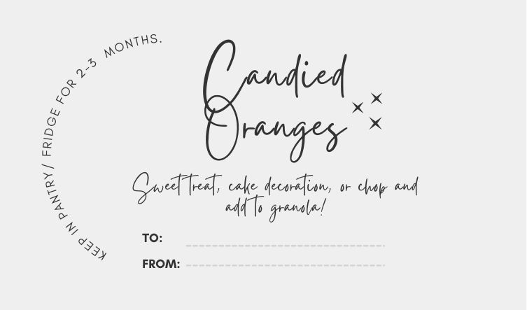 A gift tag for a food gift of candied oranges dipped in chocolate.