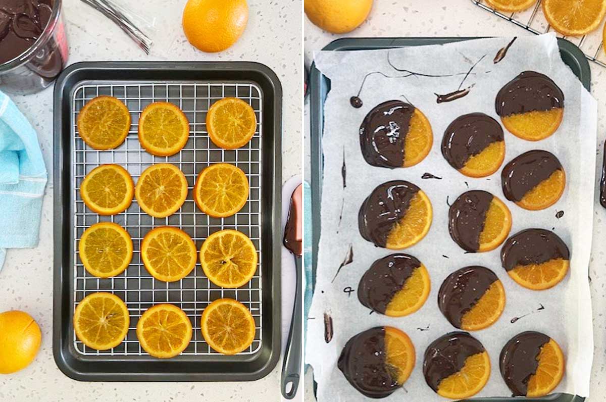 Collage showing candied orange slices on wire rack and then dipped in chocolate on baking paper drying.