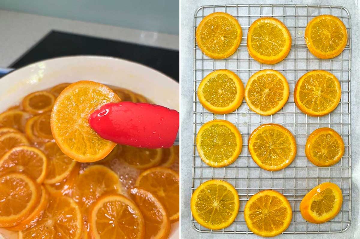 Collage of 2 images showing someone lifting a candied orange out of a pan of them with red tongs, and then the orange slices on a wire rack.