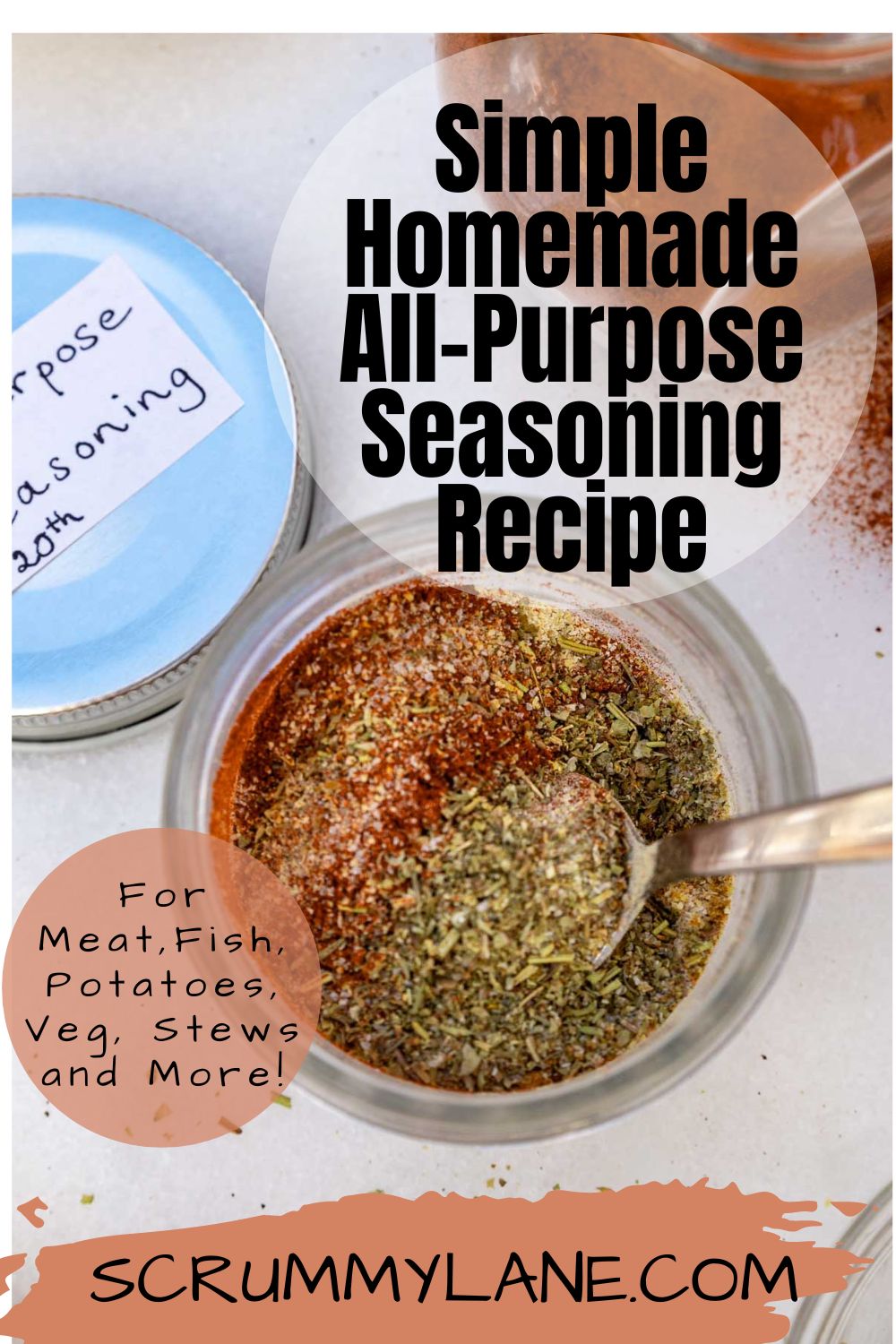 All-purpose seasoning in a small glass jar with a spoon in it and a title on the image for Pinterest.