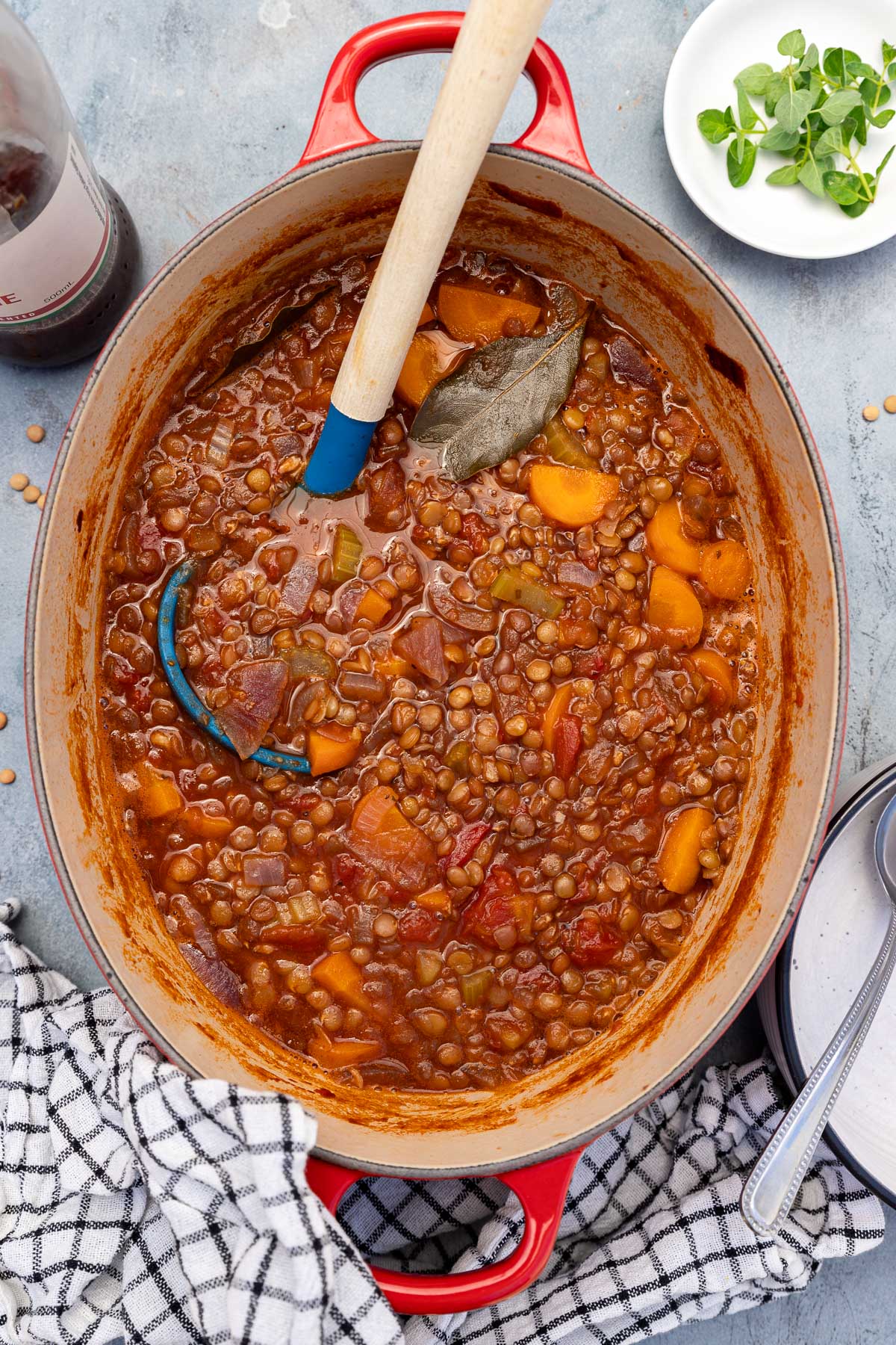 Overhead shot of Greek lentil soup in a red cast iron pot with a blue ladle in it and with a black and white checked tea towel underneath it.