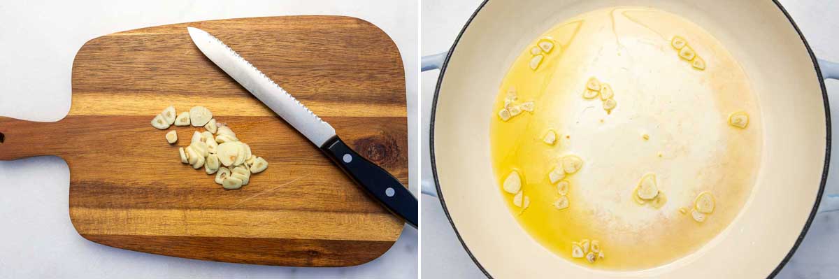 A collage of 2 images with sliced garlic and a knife on a wooden chopping board, and then the garlic cooking in olive oil in a large cast iron pan.