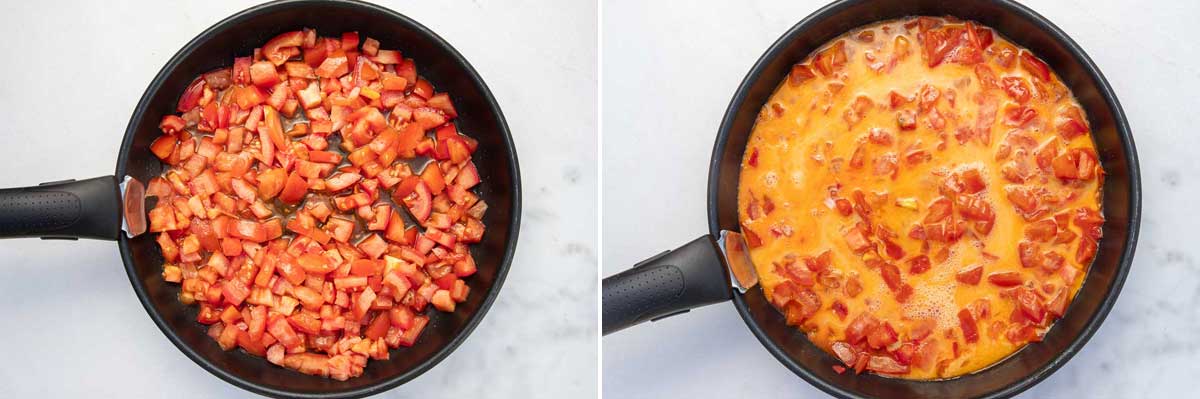 Collage of 2 images with chopped tomatoes in olive oil in a frying pan, and then with whisked eggs poured in.