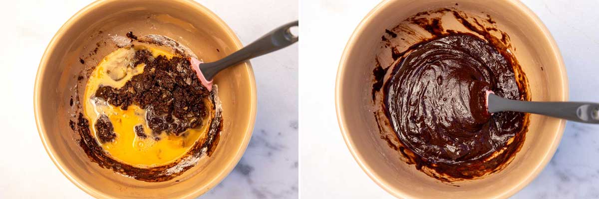 Collage of 2 images showing brown brownie batter in a baking bowl with a spatula with the eggs just poured in, and then with the eggs mixed in.