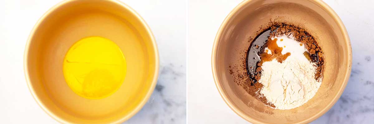 Collage of 2 images showing melted butter in a baking bowl on a marble background, and then with the rest of the batter ingredients in the bowl ready to be stirred.