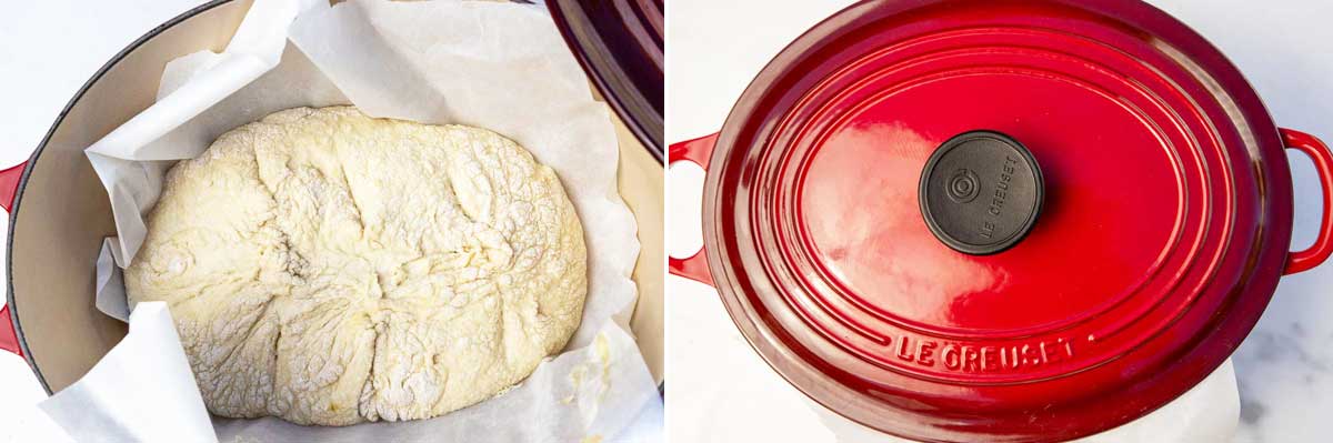 A collage of 2 images showing bread dough in a dutch oven lined with baking paper, and then with a lid on top of the pot.