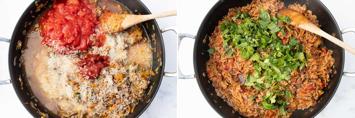 Collage of 2 images showing all ingredients for stuffed peppers stuffing with a spoon and then cooked with fresh herbs ready to be stirred in.