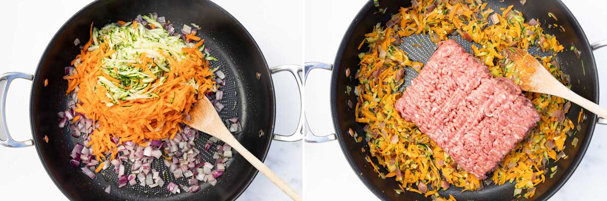 Collage of 2 images showing shredded carrot, zucchini and onion in a big pan with a spoon, then with ground beef added in.