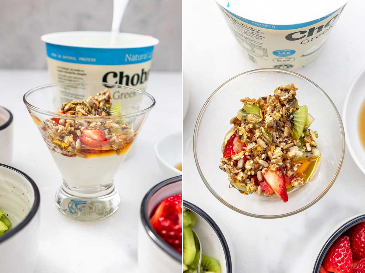 Collage of 2 images showing the first layer of Greek yogurt, granola, chopped fruit and honey in a clear glass, both from the front and from above.