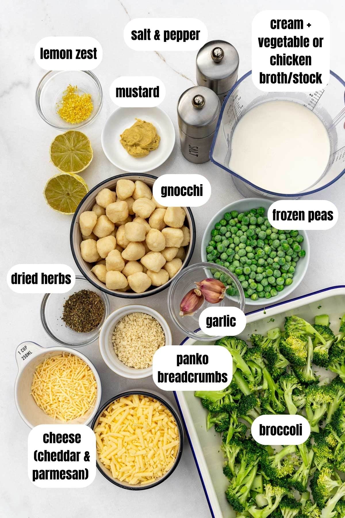 A collage of all the ingredients needed to make a broccoli gnocchi bake, including broccoli, cheese, mustard, cream and broth, gnocchi, salt and pepper, lemon zest, dried herbs, frozen peas and garlic, labelled.