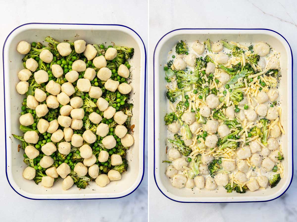 Collage of 2 images showinga white baking dish with a blue rim with broccoli peas and gnocchi in and then with a cream mixture and cheese over the top.