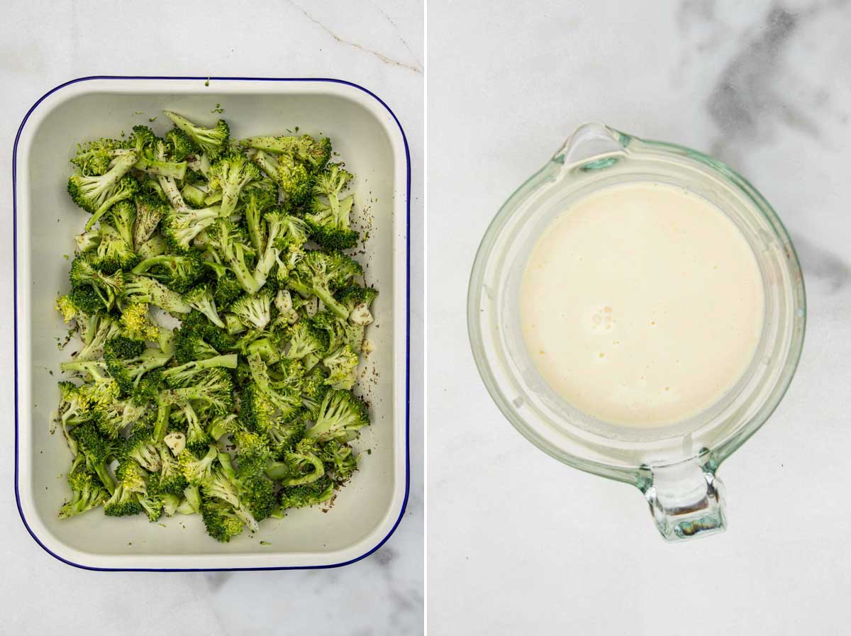 A collage of two images showing small broccoli florets and dried herbs in a blue-rimmed white baking dish, and then cream and broth in a jug.