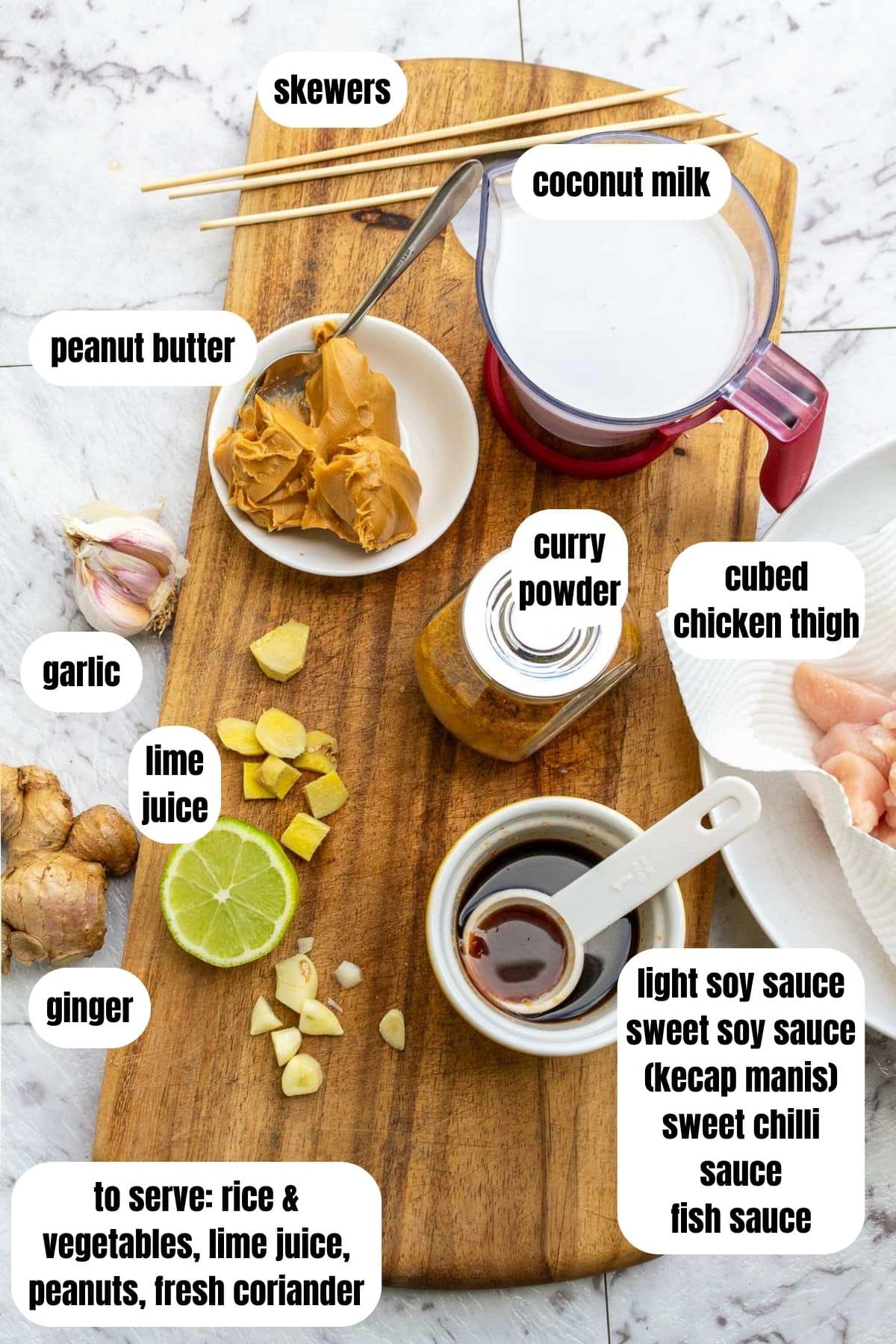 All the labelled ingredients to make easy satay chicken with rice including cubed chicken thighs, a mixture of Asian sauces including soy sauce, fresh ginger and garlic, coconut milk, lime juice, curry powder, and peanut butter.